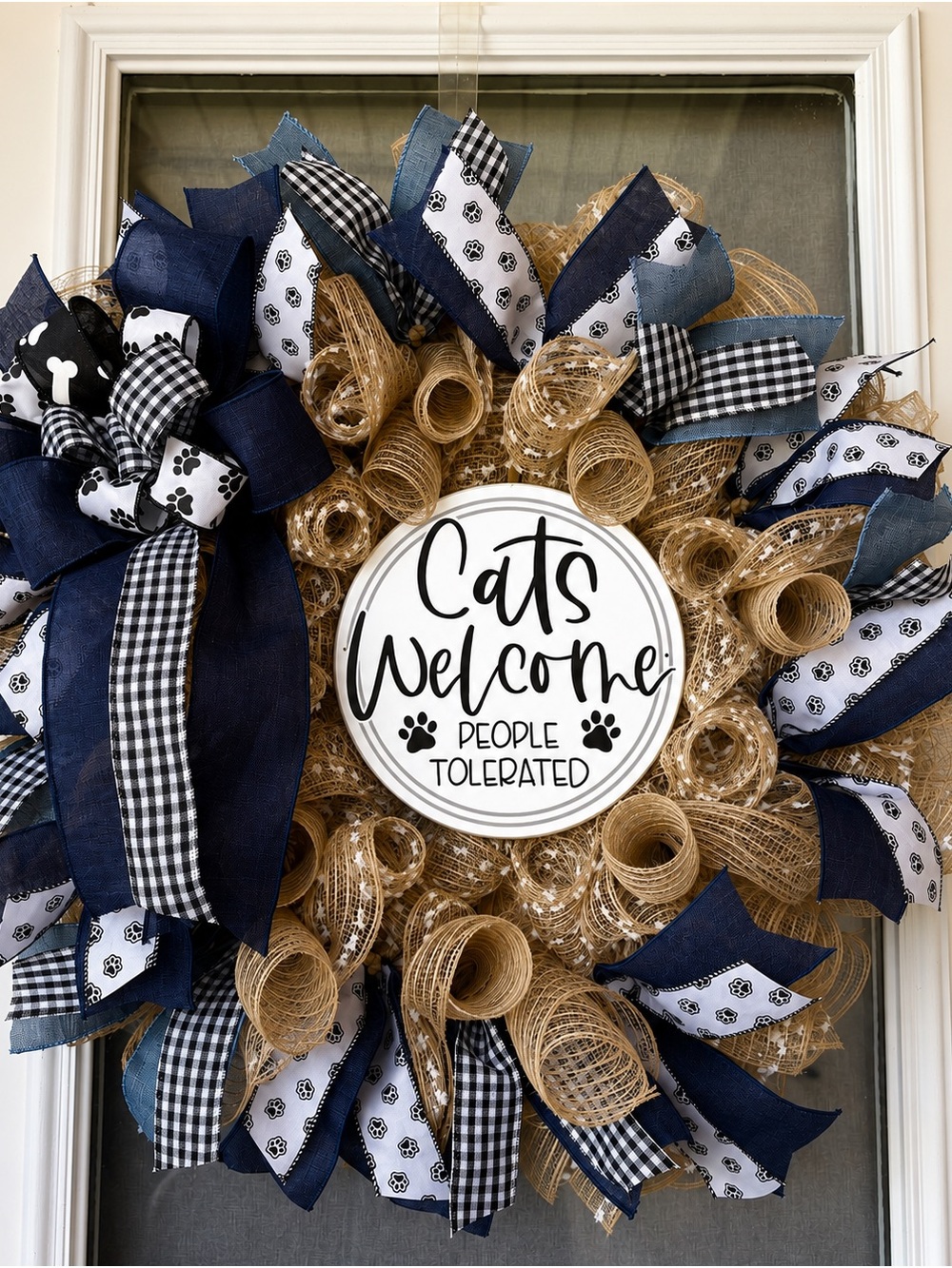 Cats Welcome Wreath - Navy, Black & Natural Cat Lover Door Decor